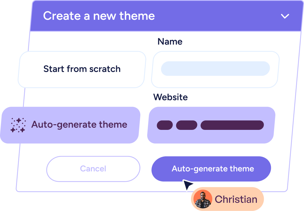 User interface popup titled 'Create a new theme' with options to start from scratch or auto-generate theme, including fields for Name and Website, with a cursor pointing at the 'Auto-generate theme' button, and a user icon labeled Christian.
