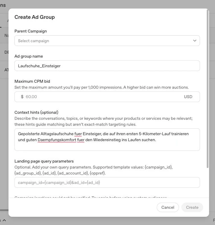 Ad Group anlegen im ChatGPT Ads Manager mit Context Hint