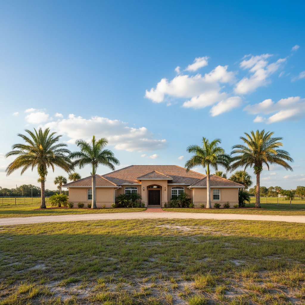 Rural acreage home with a concrete tile roof in Loxahatchee, FL, surrounded by palm trees and open land