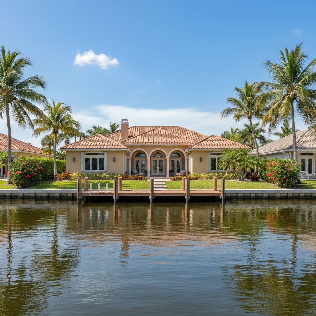 Waterfront home with a concrete tile roof and private dock along the Lake Worth Lagoon in Riviera Beach, FL