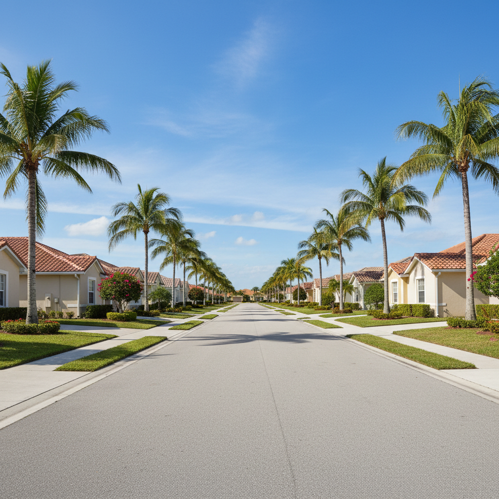 HOA community street of stucco homes with concrete tile roofs and palm trees in Royal Palm Beach, FL