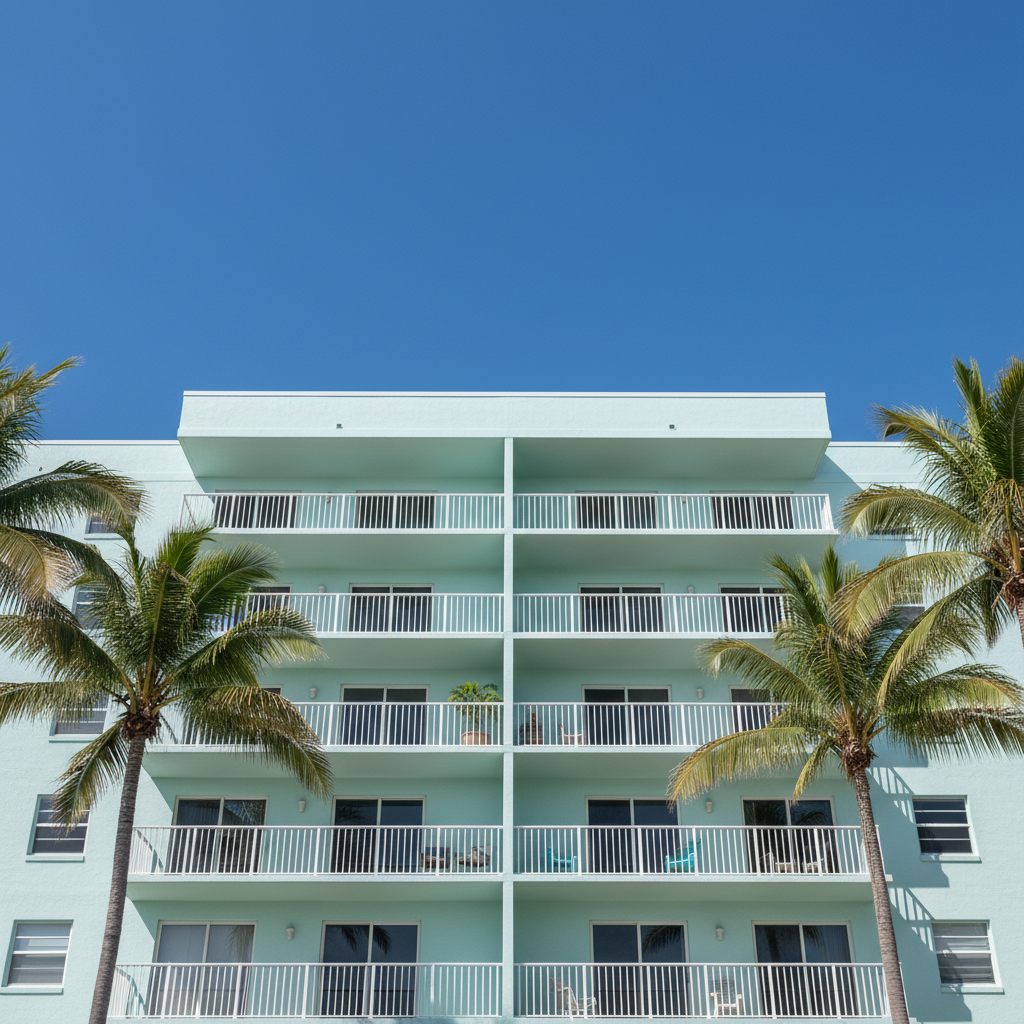 Multi-story condominium building exterior with a flat roof in Palm Beach County, Florida