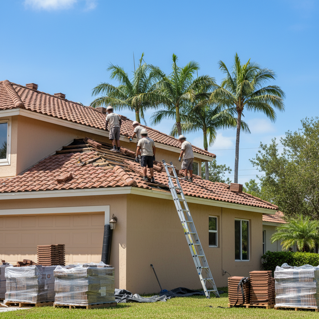 Roof replacement in progress with new concrete tiles being installed on a Florida home