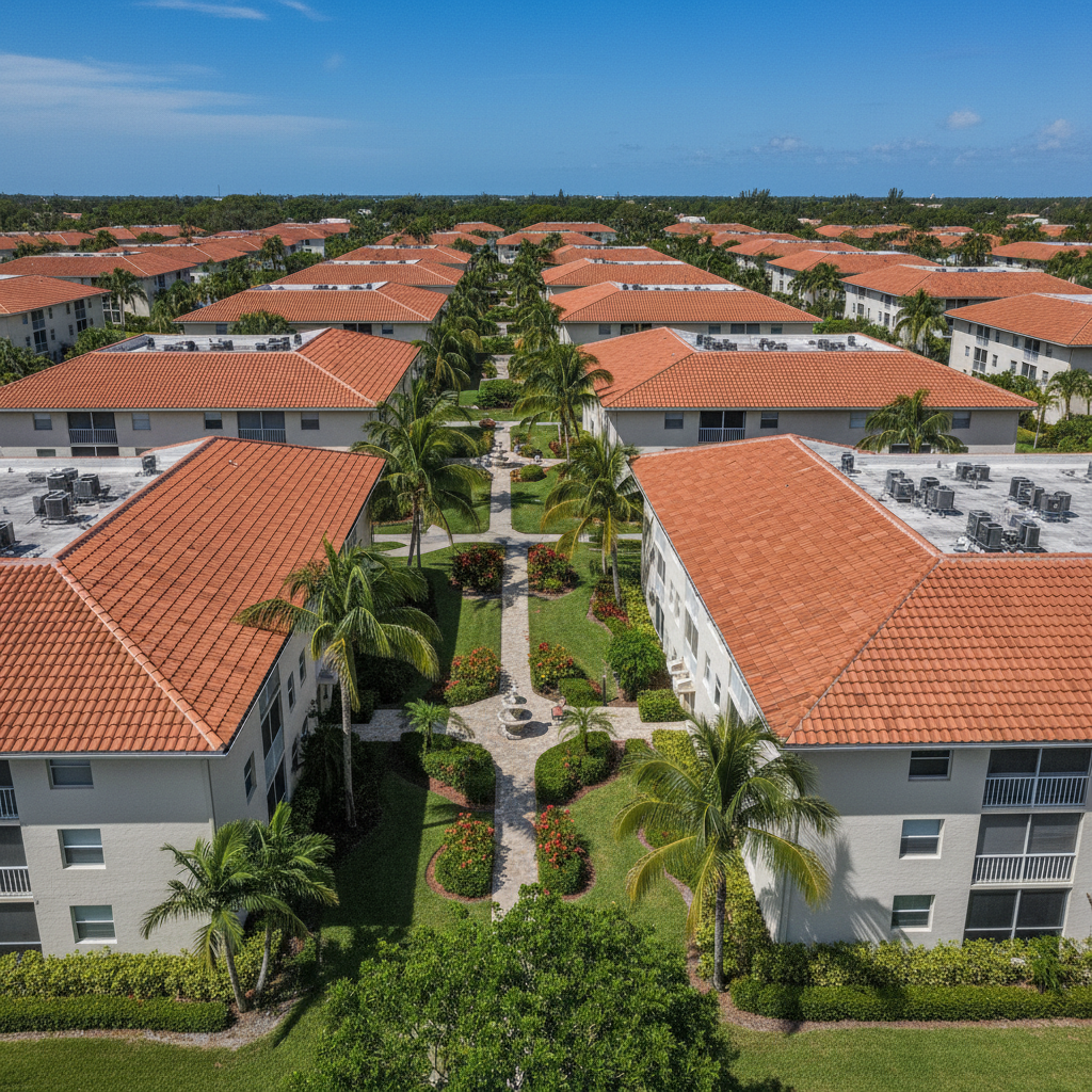 Aerial view of a multi-building condo community with matching concrete tile roofs