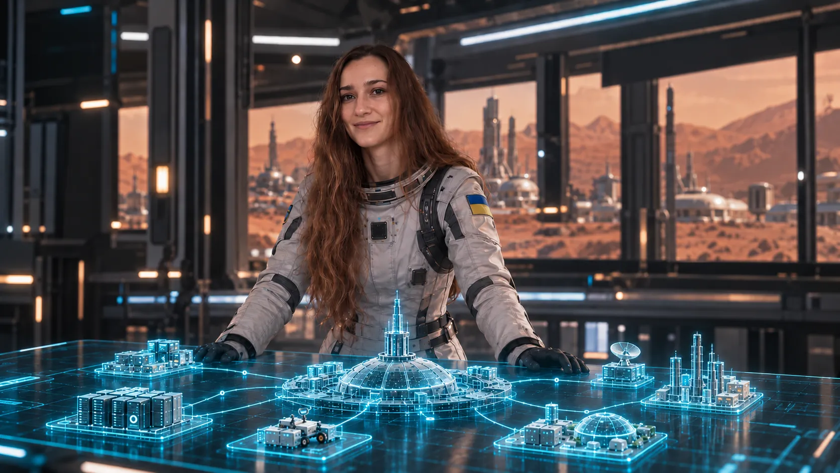 Woman working at a futuristic workstation with multiple digital screens inside a high-tech research station on Mars.