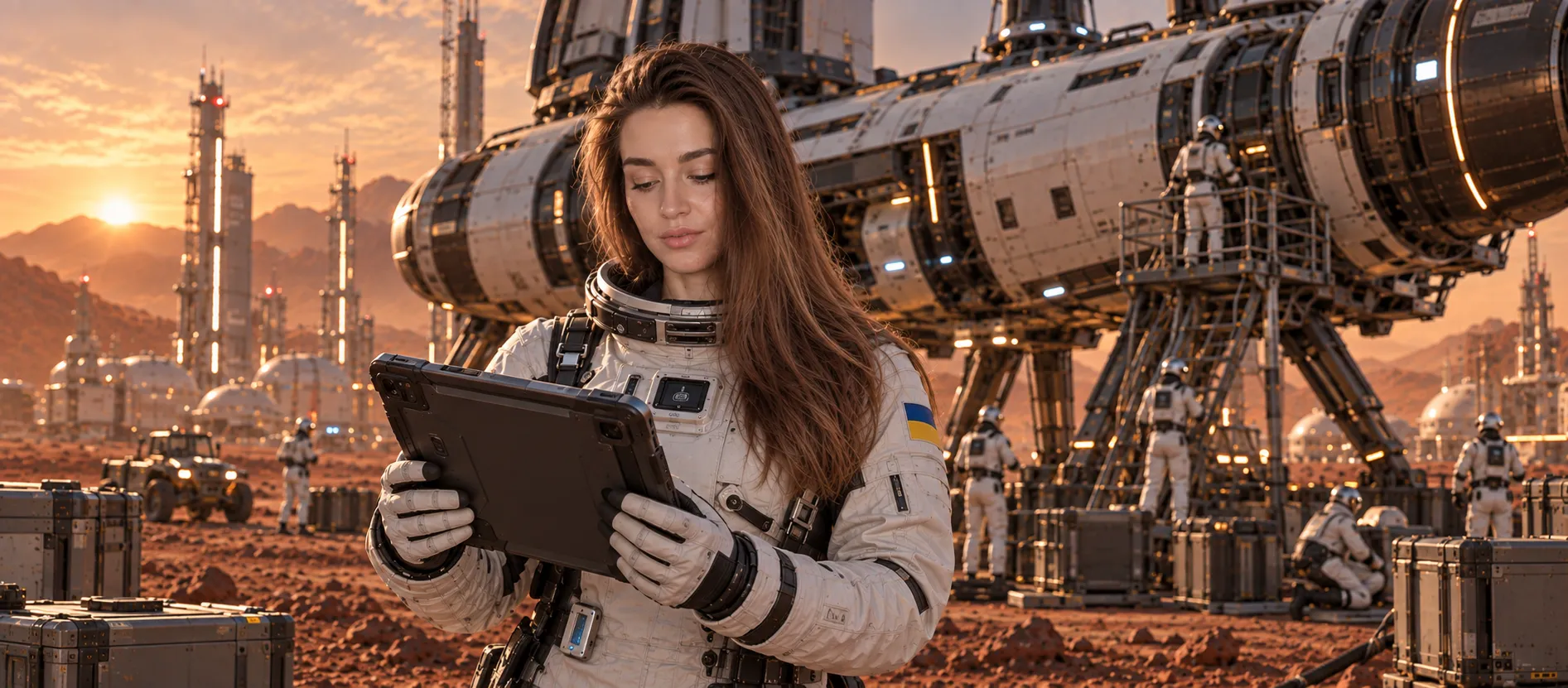 A woman in a spacesuit holds a tablet in front of a futuristic research base on Mars, with other astronauts working in the background.