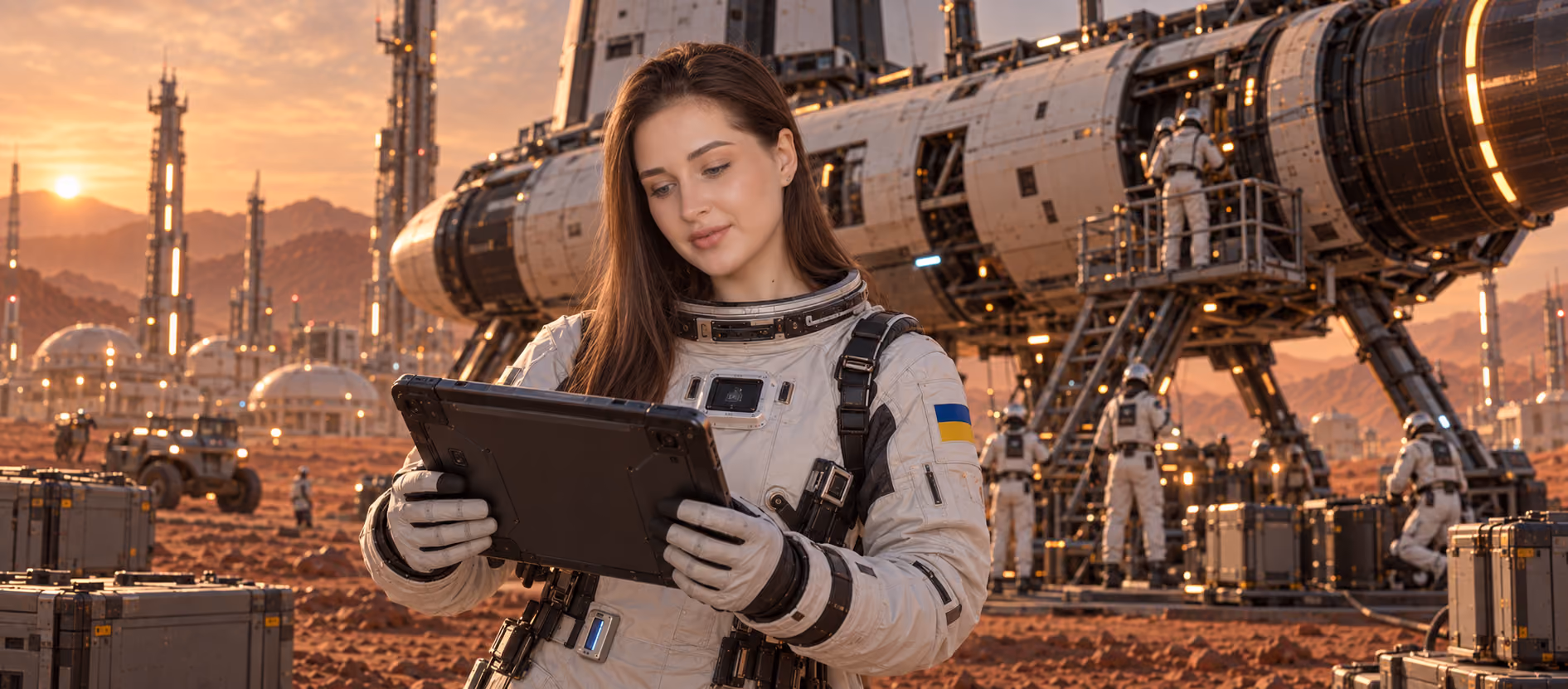 Жінка в космічному костюмі тримає планшет на тлі футуристичної дослідницької бази на Марсі, де працюють інші астронавти.