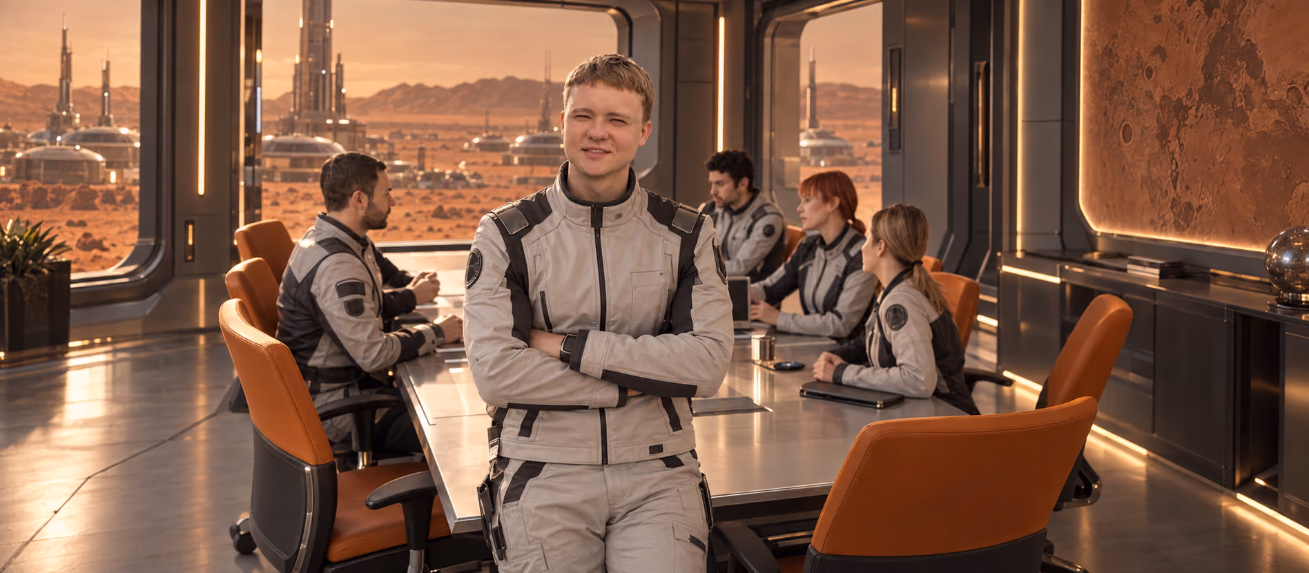 Yevhen, TL Recruiter at Galaktica, poses in a futuristic space environment against the backdrop of a Martian landscape and a team of astronauts.