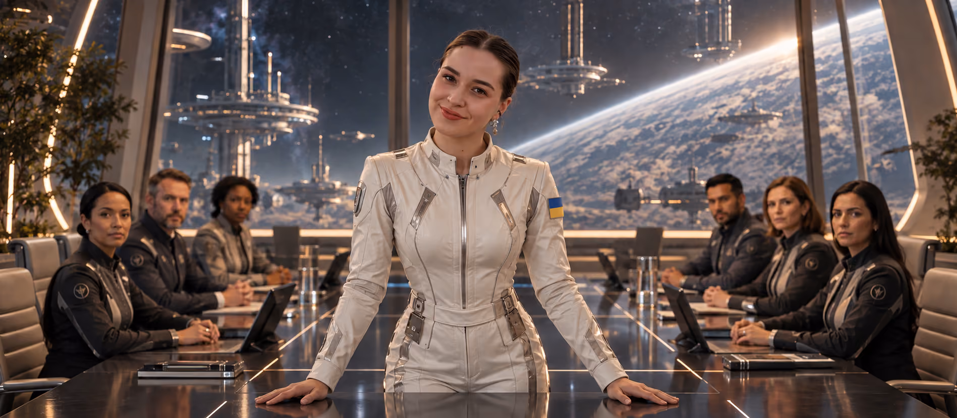 Olena, Recruiter at Galaktica, leads a team meeting in a futuristic space environment against the backdrop of another planet and a space station.