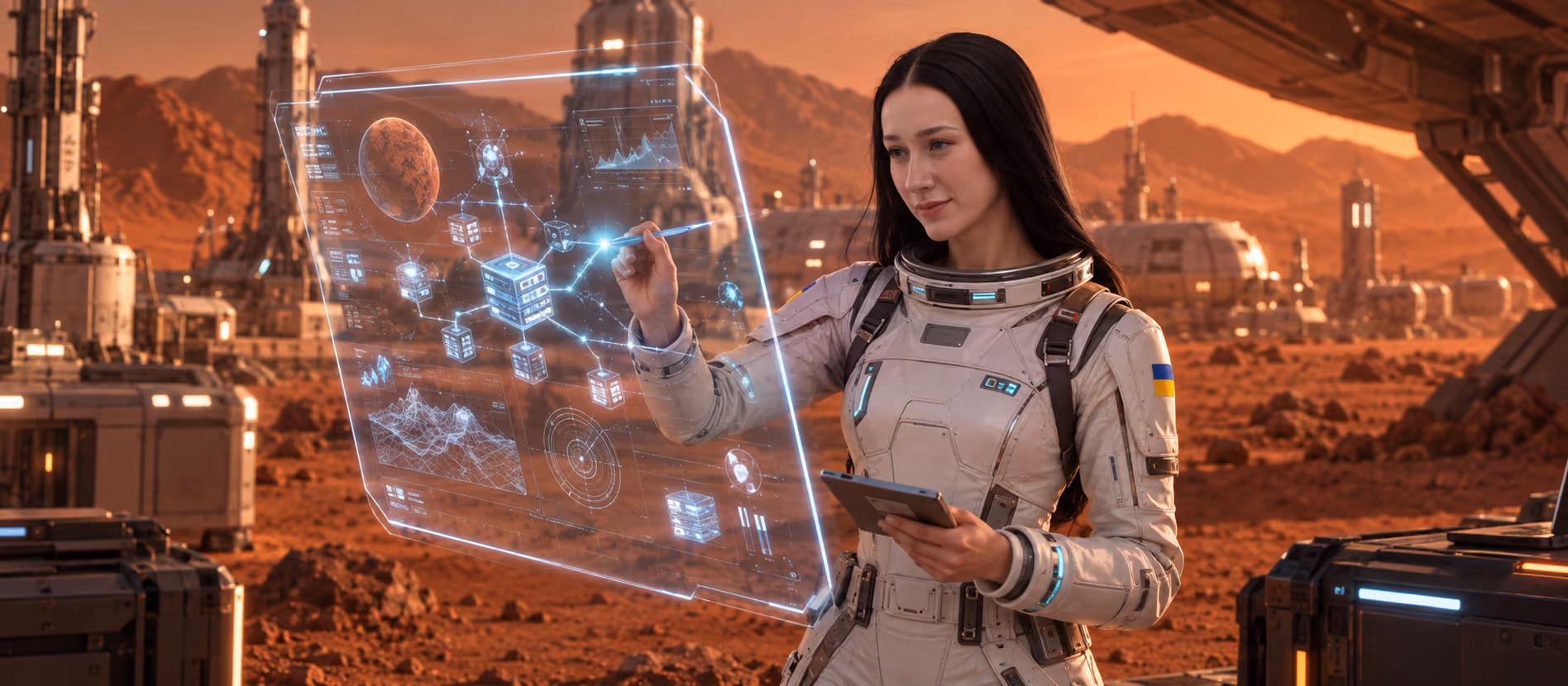 Nataliia, TL People Partner at Galaktica, works with a tablet in a futuristic Martian hangar against the backdrop of a Mars rover and a team of astronauts.