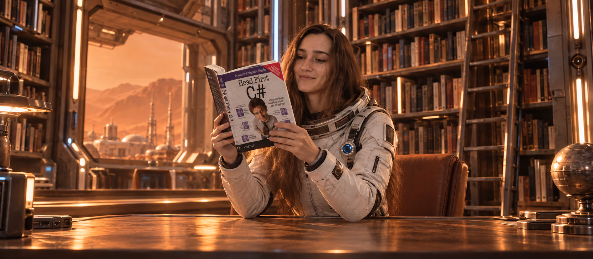 Valeriia, Recruiter at Galaktica, reads a programming book in a futuristic space library against the backdrop of a Martian city.