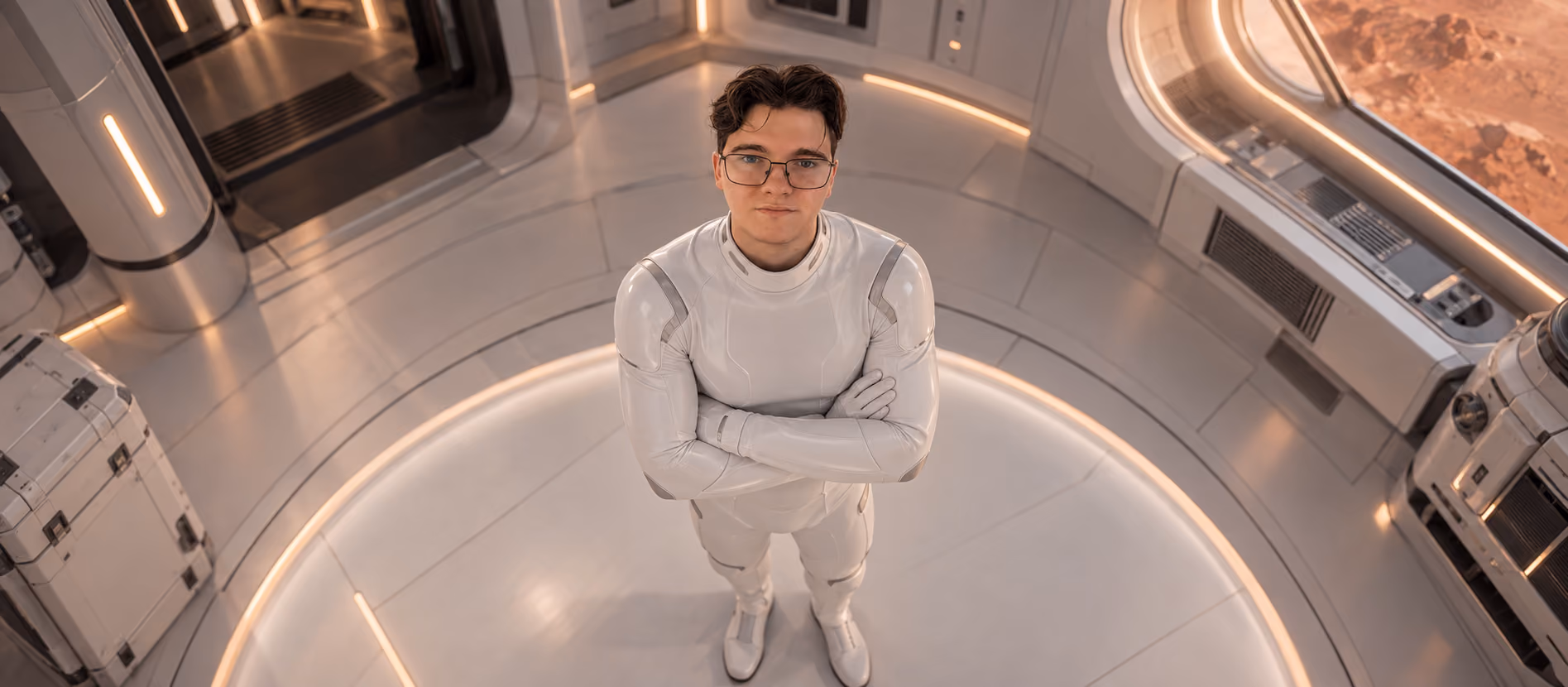 Pavlo, Recruiter at Galaktica, stands inside a futuristic space module against the backdrop of a Martian landscape.