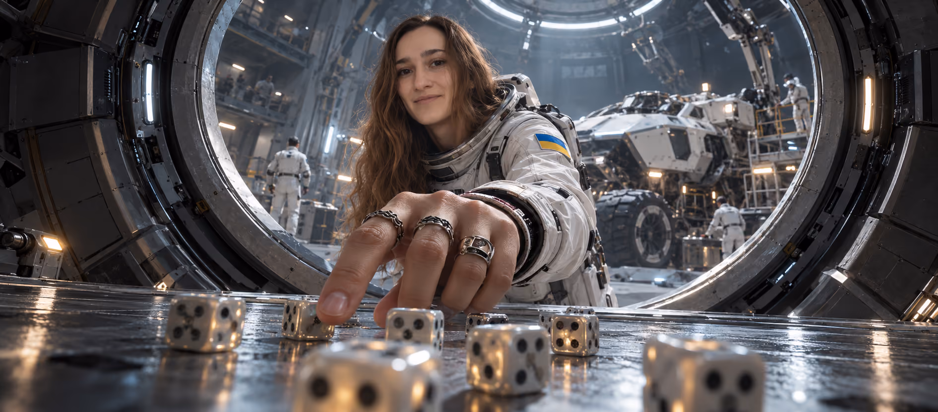 Valeriia, Recruiter at Galaktica, analyzes business development opportunities in a futuristic space environment against the backdrop of a Mars rover and a team of astronauts.