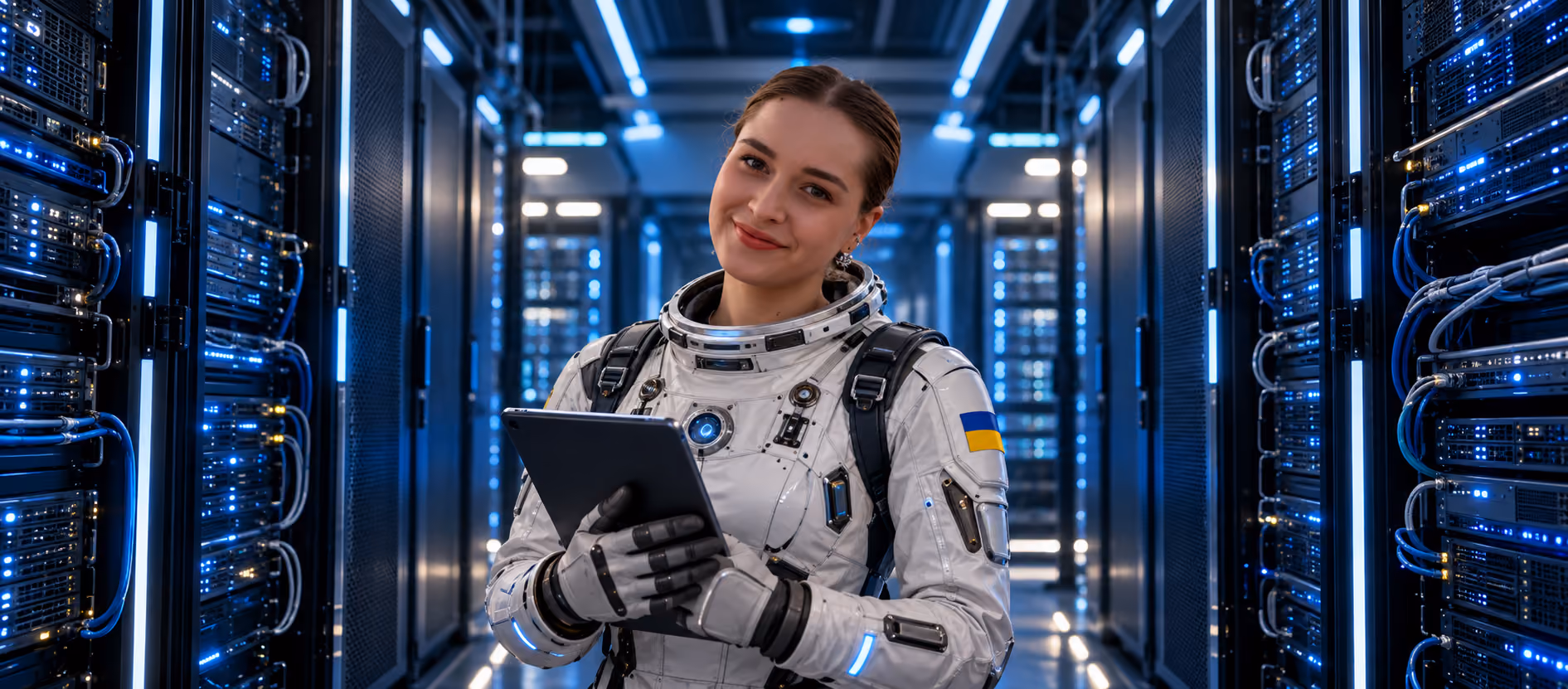 Олена, Recruiter у Galaktica, працює з планшетом у футуристичному дата-центрі серед серверних систем.
