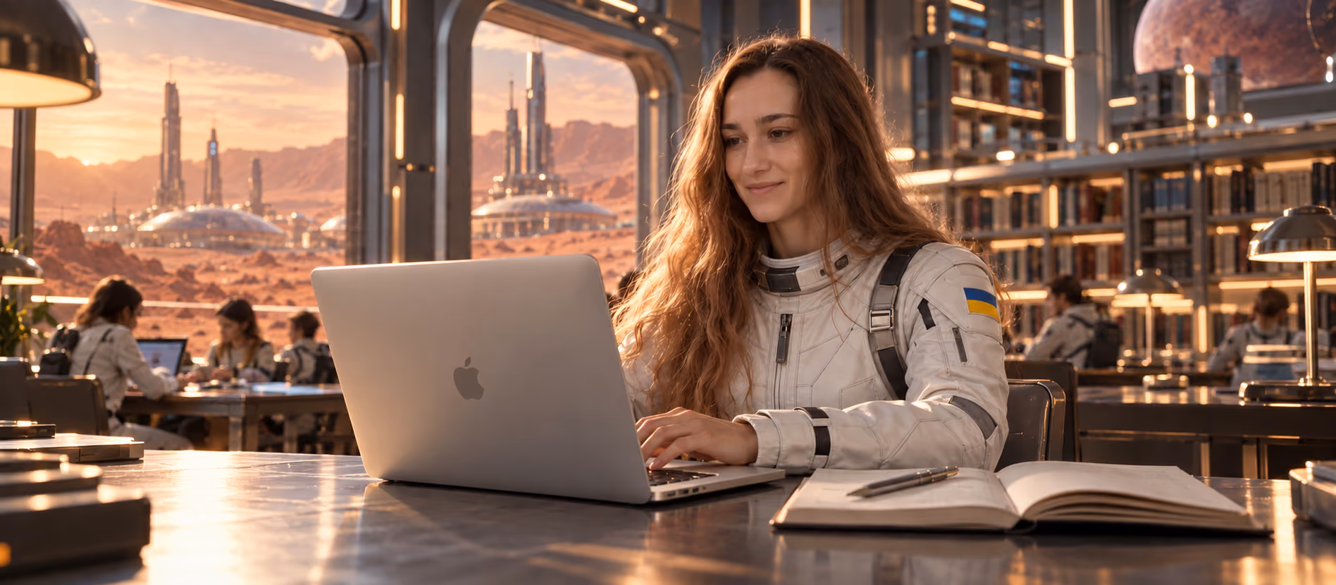 Valeriia, Recruiter at Galaktica, works on a laptop in a futuristic Martian library against the backdrop of a space city.