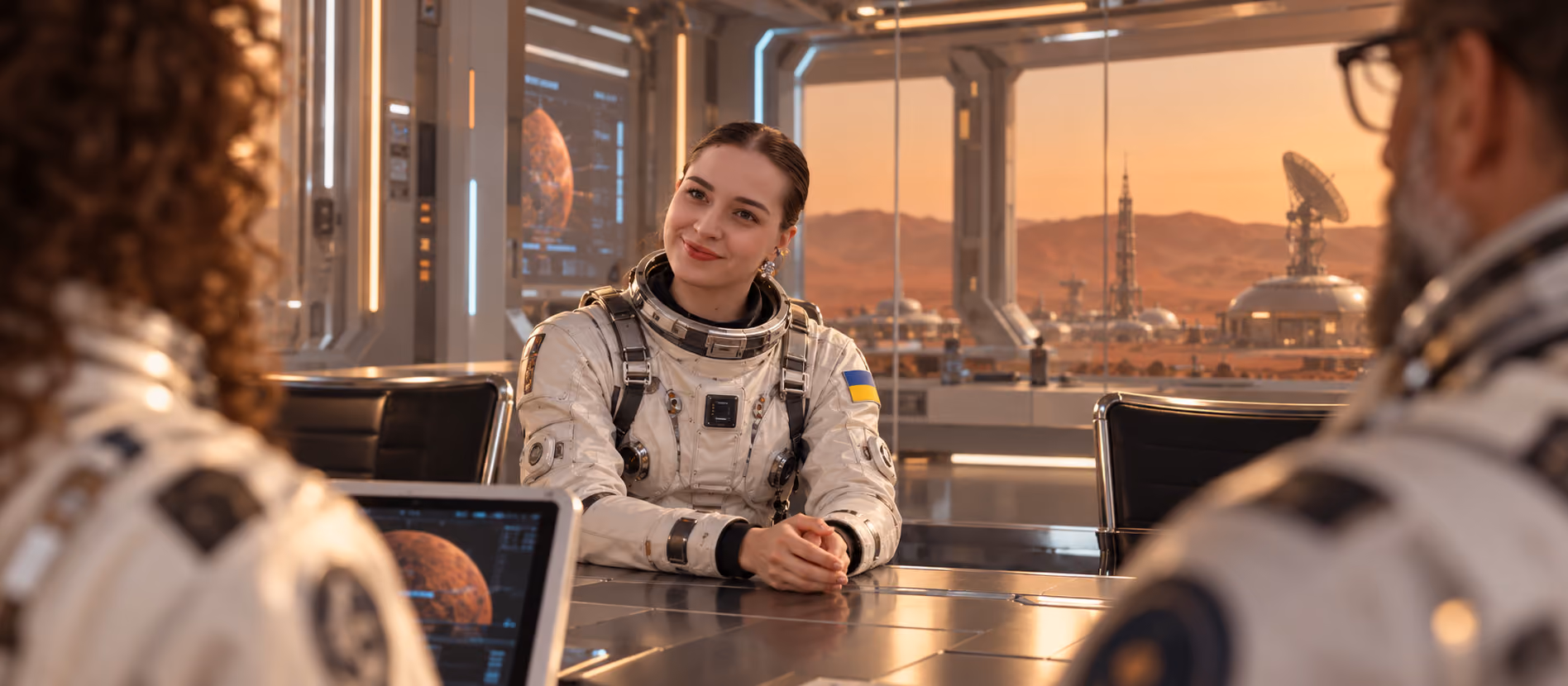 Olena, Recruiter at Galaktica, attends a job interview in a futuristic space environment against the backdrop of a Martian base.