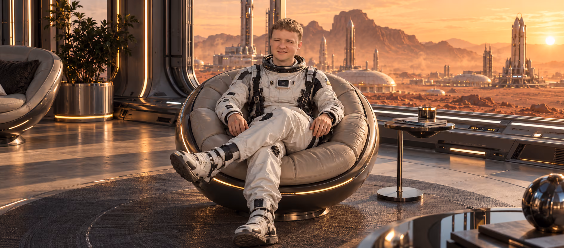 Yevhen, TL Recruiter at Galaktica, relaxes in a futuristic space environment against the backdrop of a Martian city.