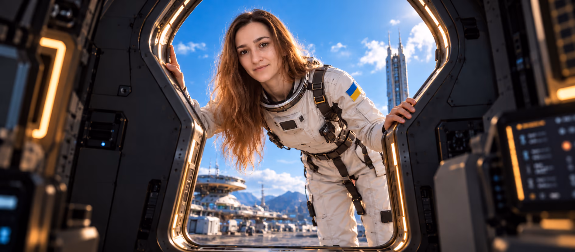 Valeriia, Recruiter at Galaktica, looks inside a spacecraft against the backdrop of a Martian base and futuristic city.