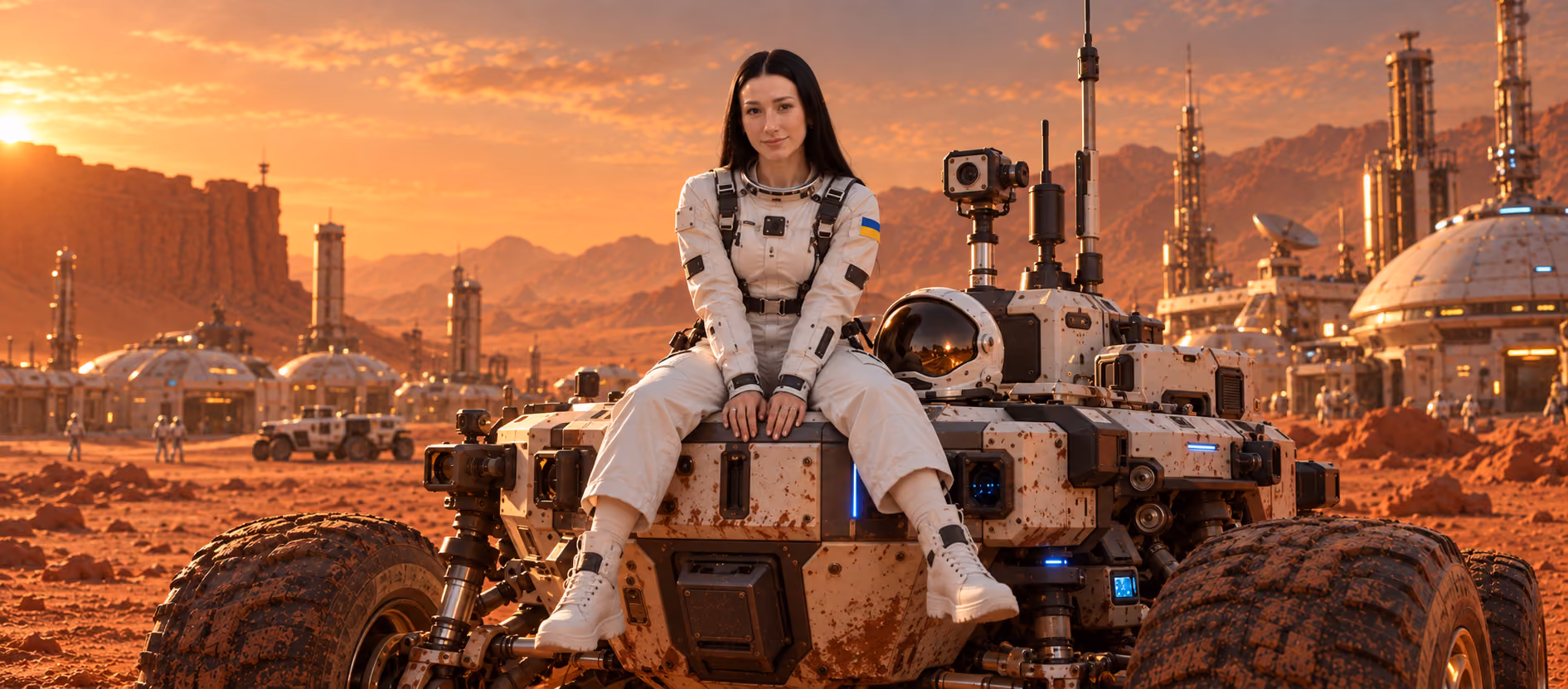 Nataliia, TL People Partner at Galaktica, sits on a Mars rover against the backdrop of a futuristic Martian city.