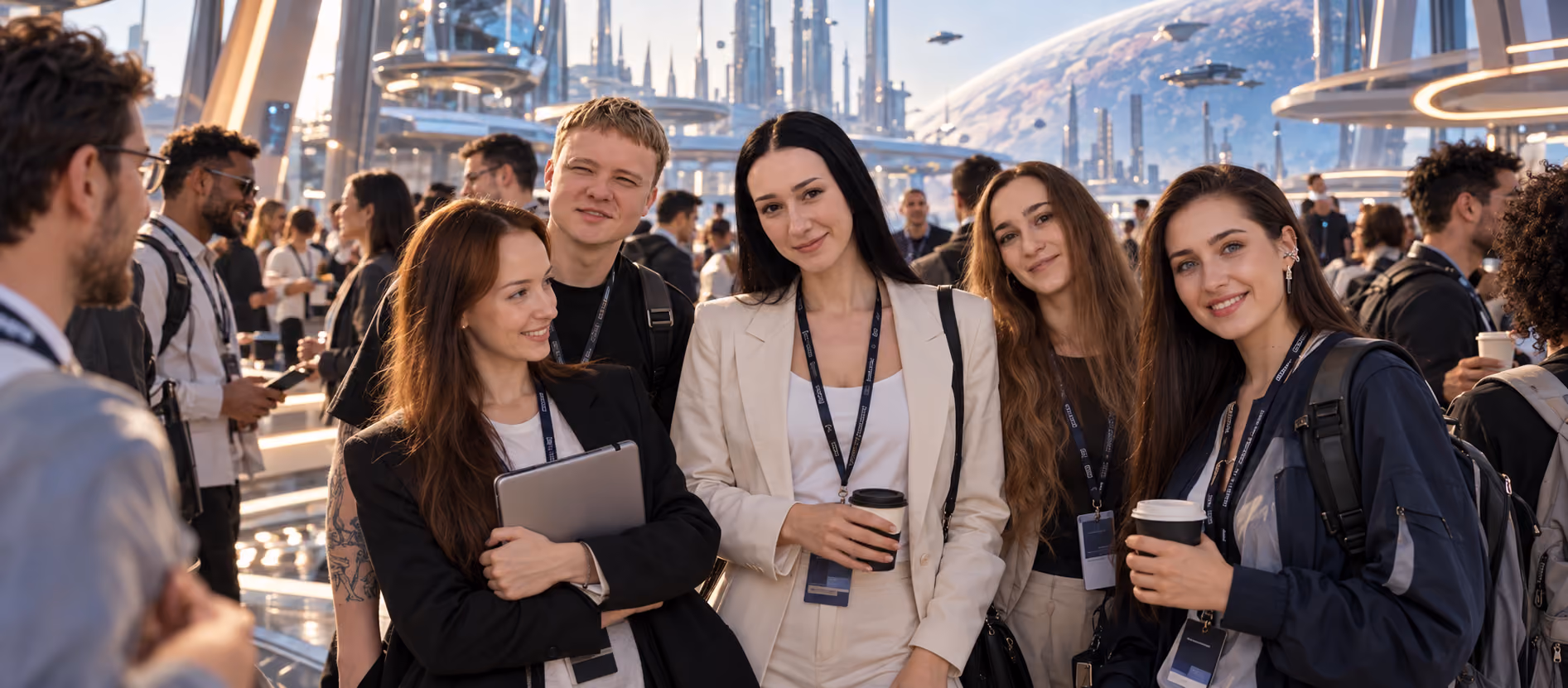 Valeriia, Recruiter at Galaktica, interacts with participants at a professional networking event alongside Nataliia, Olena, and Yevhen in a futuristic setting.