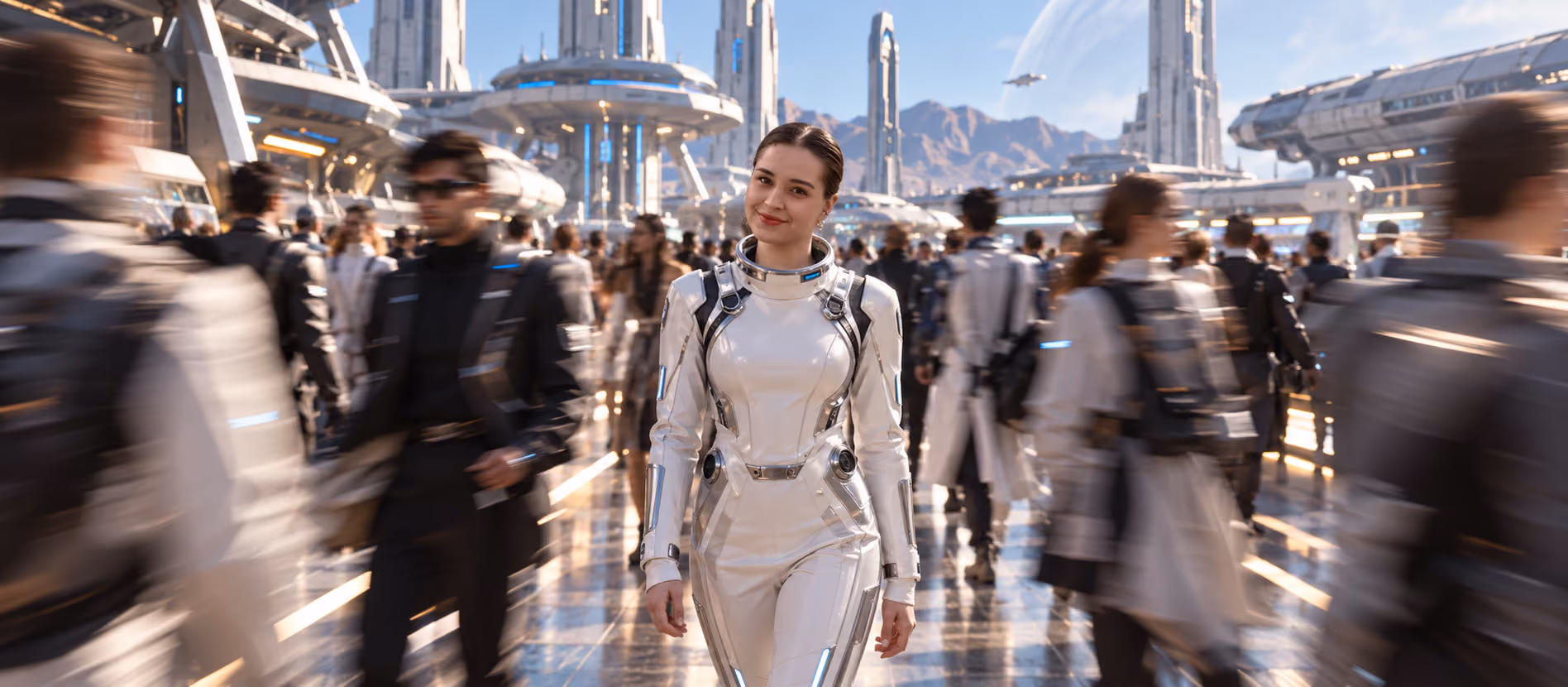Olena, Recruiter at Galaktica, stands in the center of a futuristic space city surrounded by a crowd of people and spacecraft.