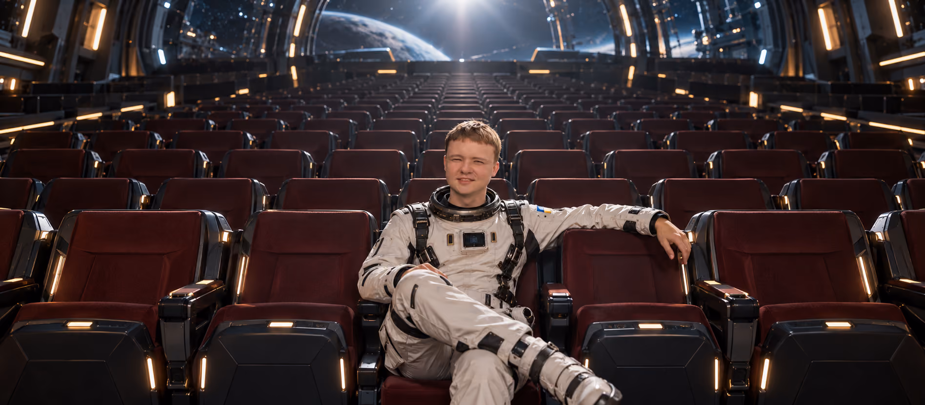 Yevhen, TL Recruiter at Galaktica, relaxes in a futuristic space theater against the backdrop of Earth and outer space.