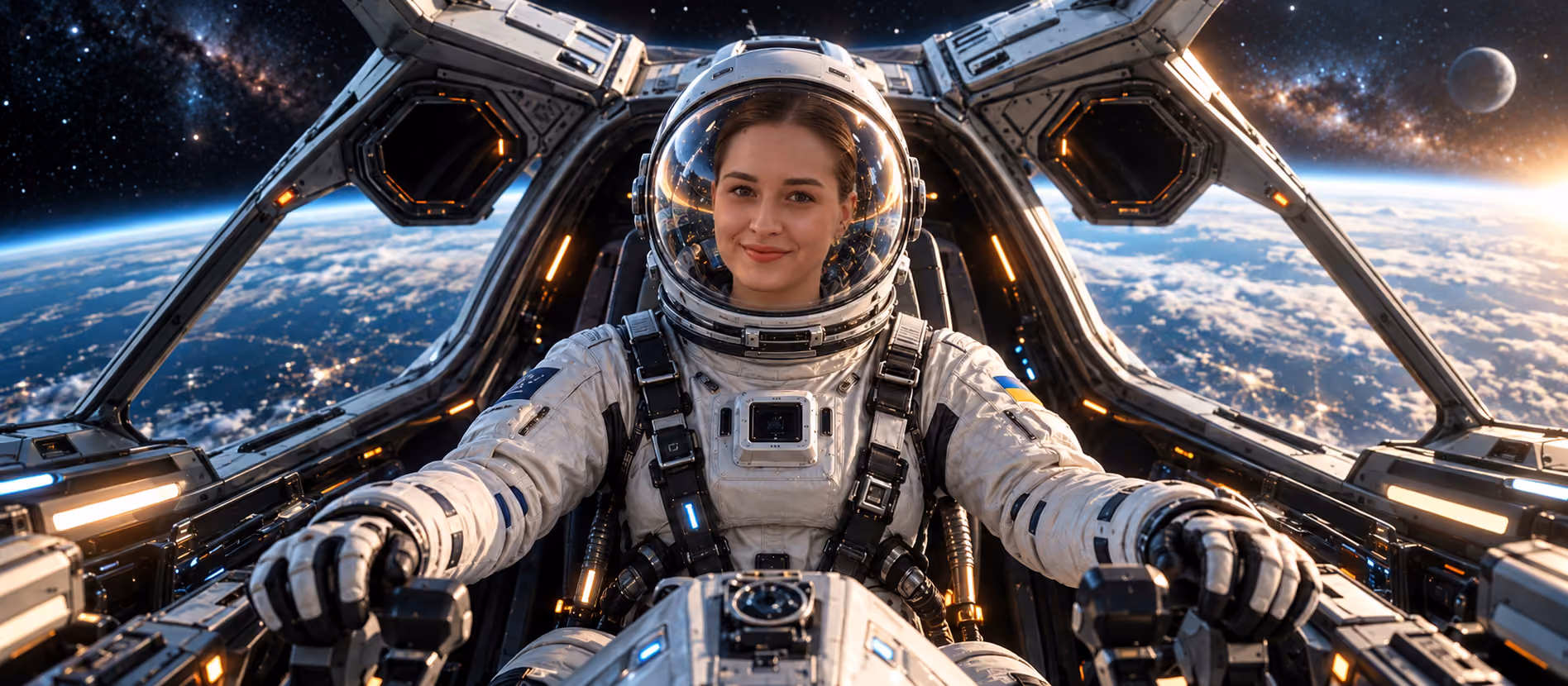 Olena, Recruiter at Galaktica, pilots a spacecraft in Earth orbit in a futuristic space environment.
