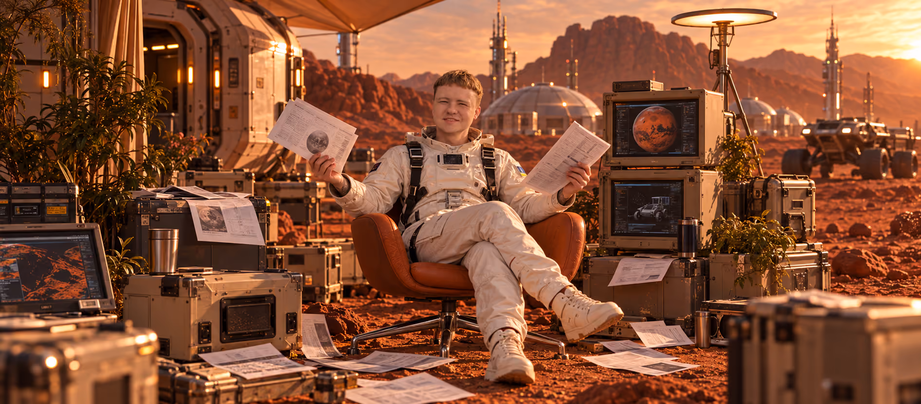 Yevhen, TL Recruiter at Galaktica, reviews documents and analytical materials at a Martian base against the backdrop of a futuristic city.