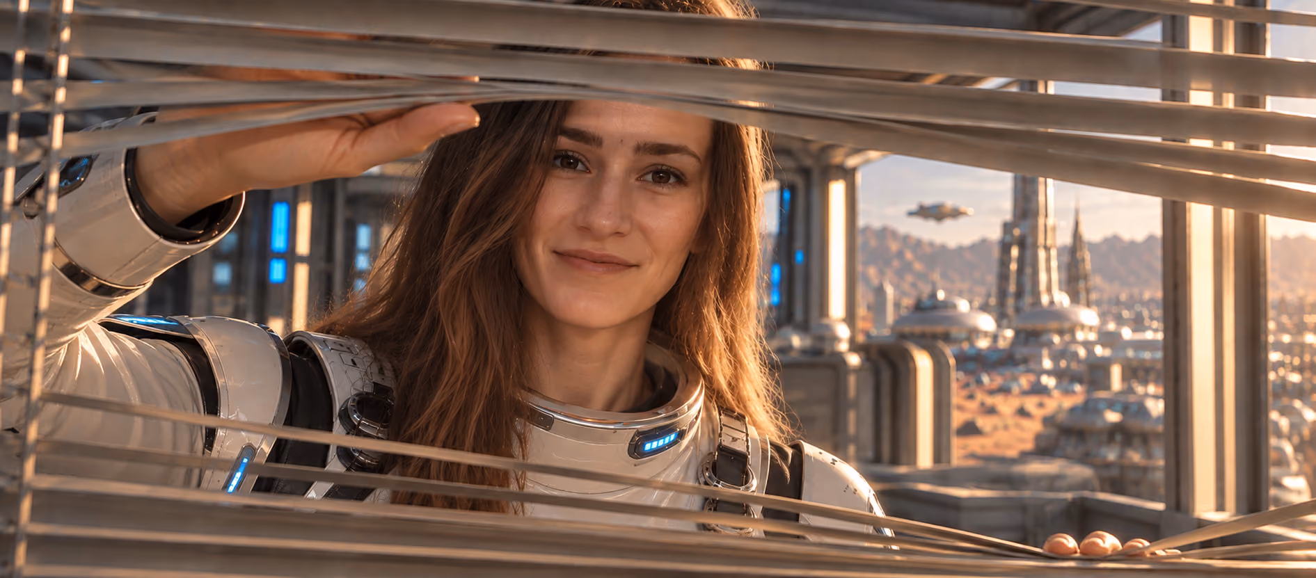 Valeriia, Recruiter at Galaktica, peers through the metal framework of a futuristic space module against the backdrop of a Martian city.
