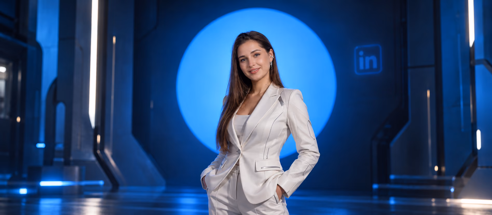 Olena, Recruiter at Galaktica, poses in a white business suit against a futuristic blue backdrop featuring the LinkedIn logo.