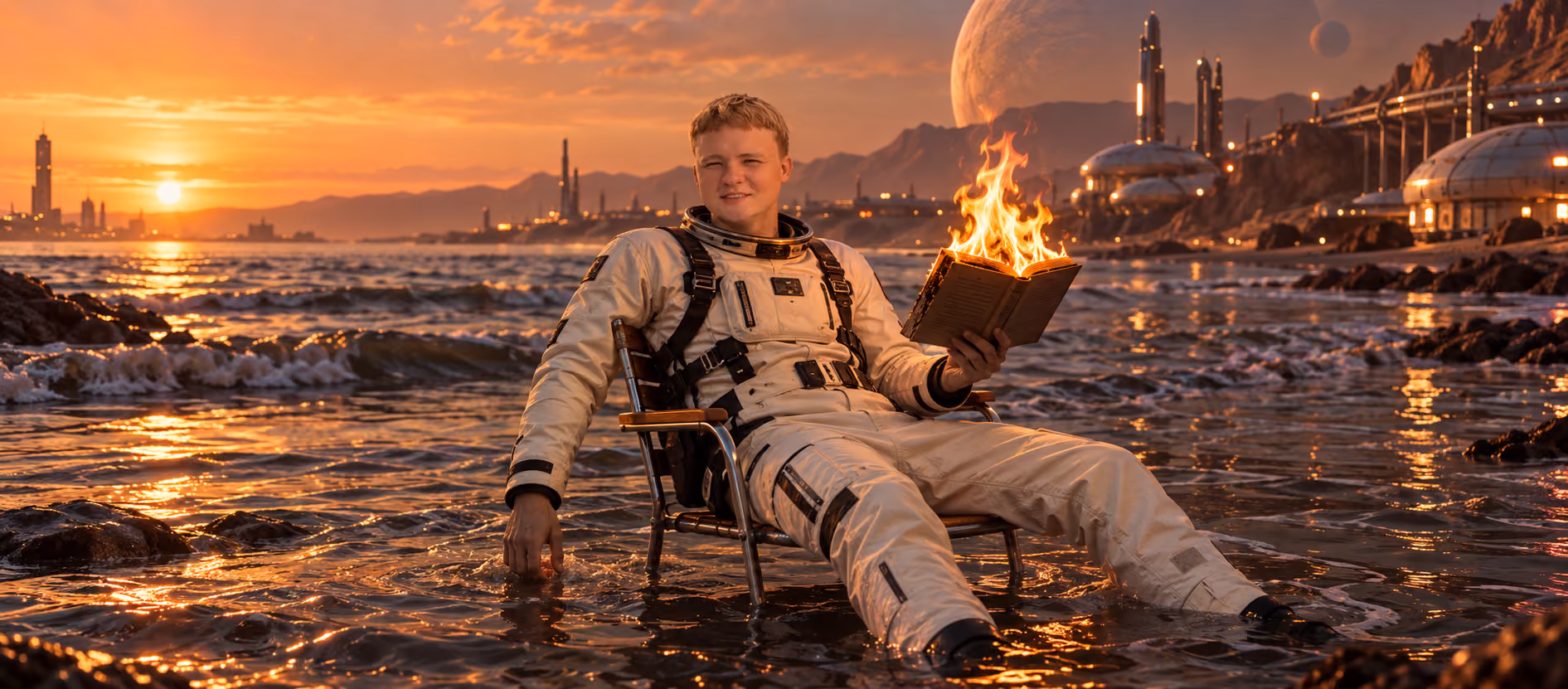 Yevhen, TL Recruiter at Galaktica, relaxes in a chair on the shore of a futuristic Martian sea at sunset, holding an open book that is on fire.
