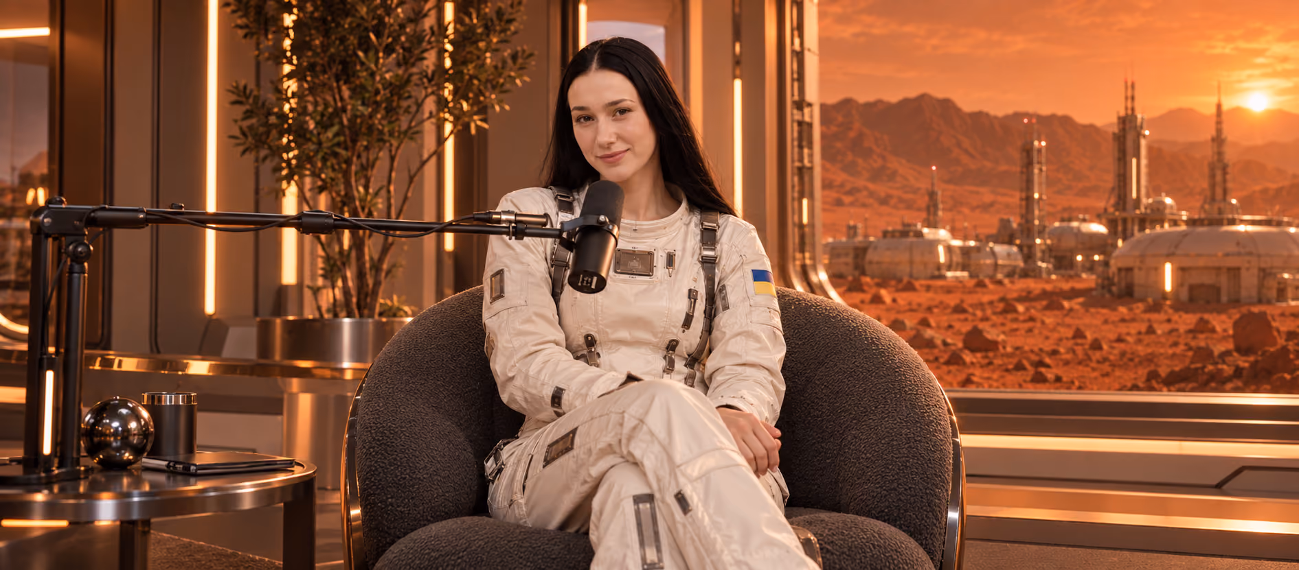 Nataliia, TL People Partner at Galaktica, sits in a futuristic chair in front of a microphone inside a space module, with panoramic windows overlooking a Martian city at sunset.