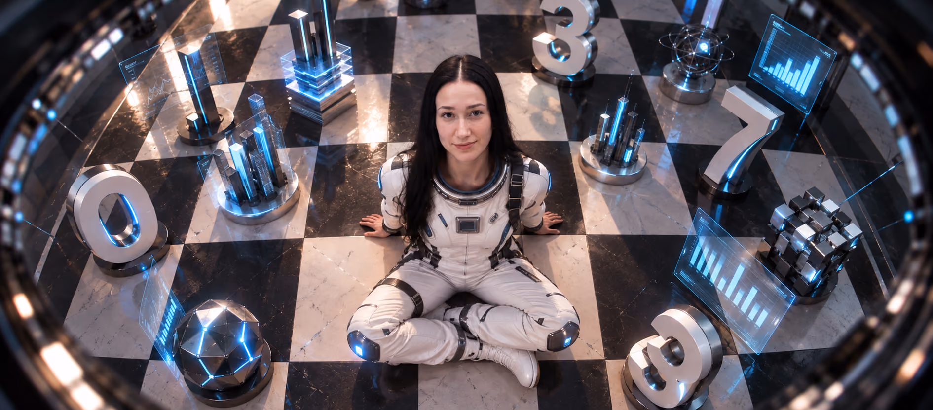 Nataliia, TL People Partner at Galaktica, sits in a white spacesuit on the checkered floor of a futuristic space, surrounded by holographic charts, numerical symbols, and technological structures with blue lighting.