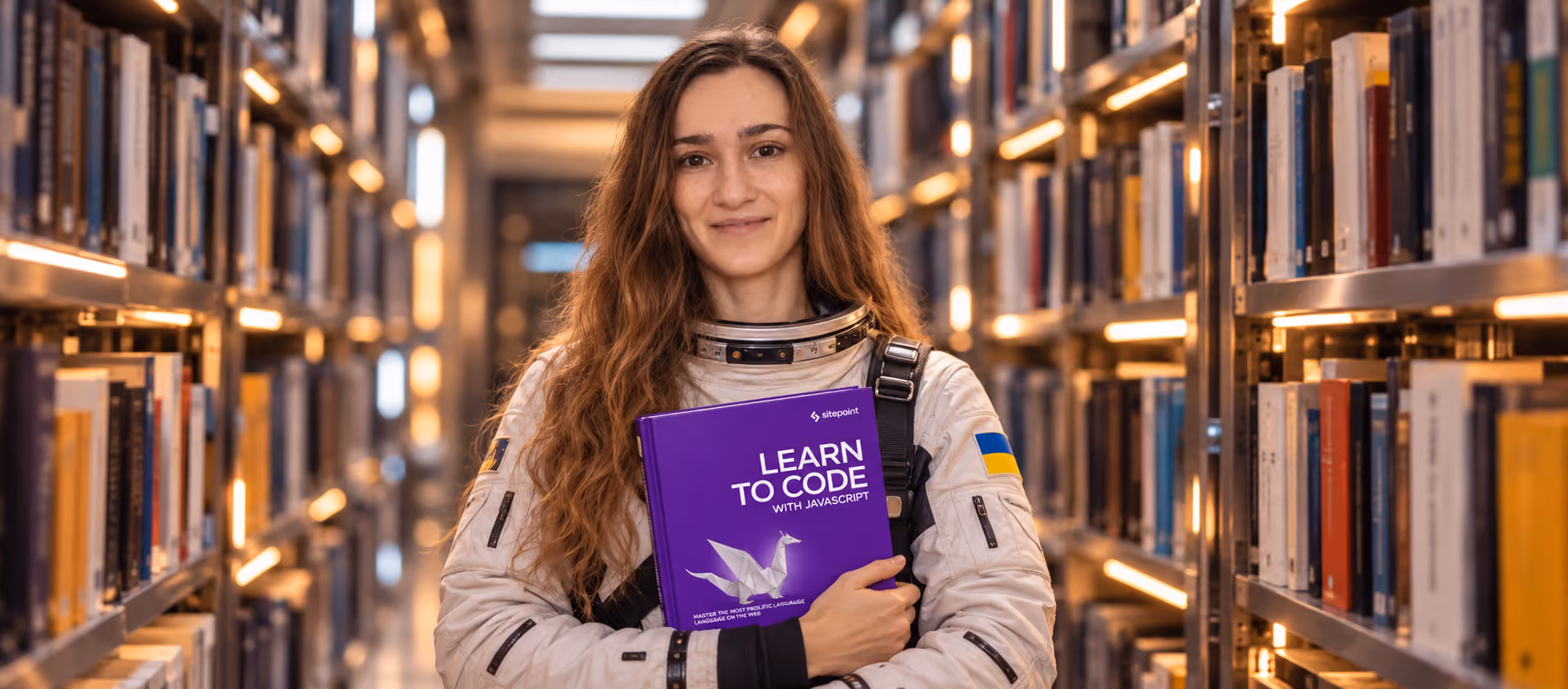 Valeriia, Recruiter at Galaktica, holds a JavaScript book in her hands among the shelves of a futuristic space library illuminated by warm golden light.