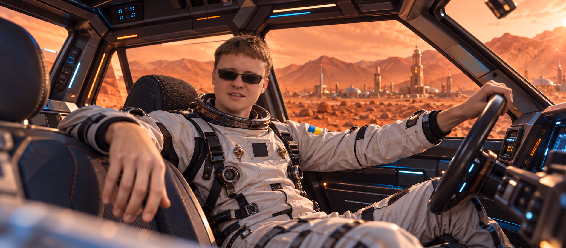 Yevhen, TL Recruiter at Galaktica, wearing sunglasses, sits behind the wheel of a futuristic Mars rover, observing the Martian landscape with mountain ranges and high-tech structures in the background at sunset.