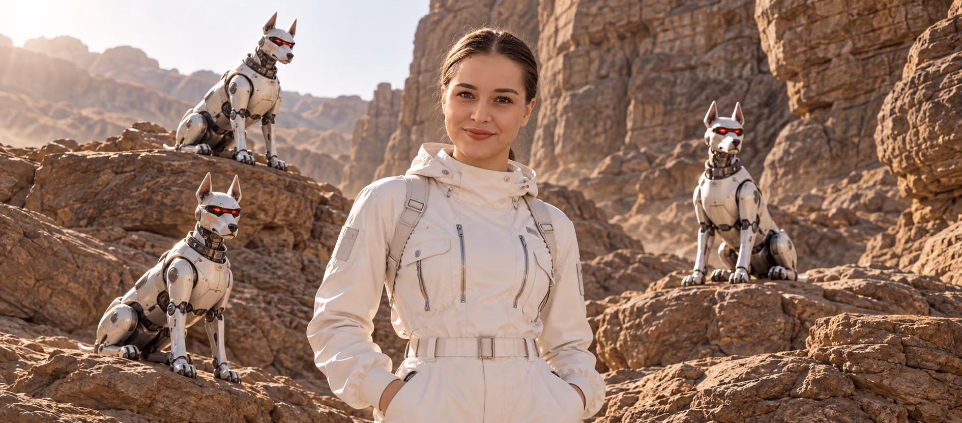 Olena, Recruiter at Galaktica, stands among rocky Martian canyons in a futuristic spacesuit, surrounded by four robotic exploration dogs with red sensors.