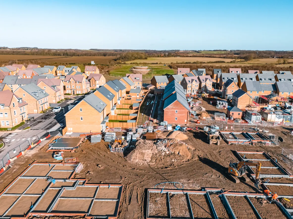 An aerial view of a typical UK housing development under construction