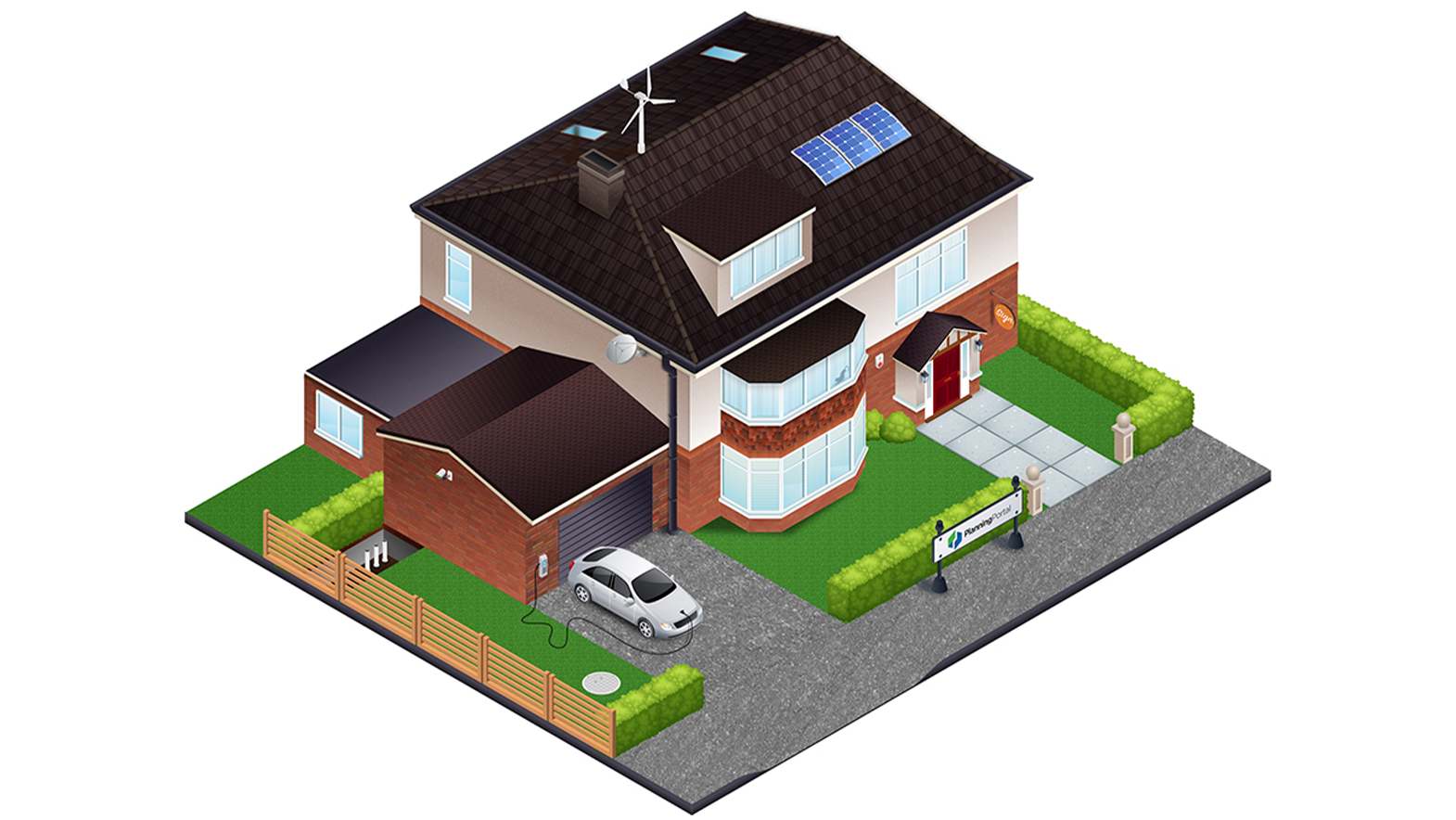 An illustration of a front and side view of a detached house and front garden, showing driveway and porch