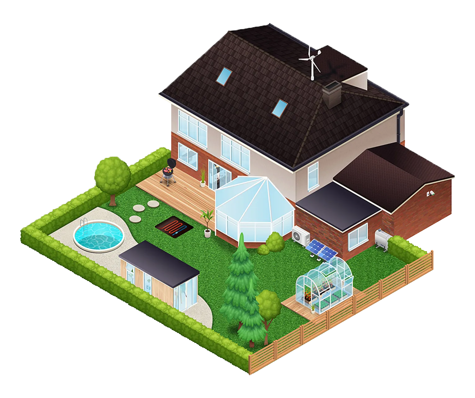 An illustration of a rear and side view of a detached house and back garden