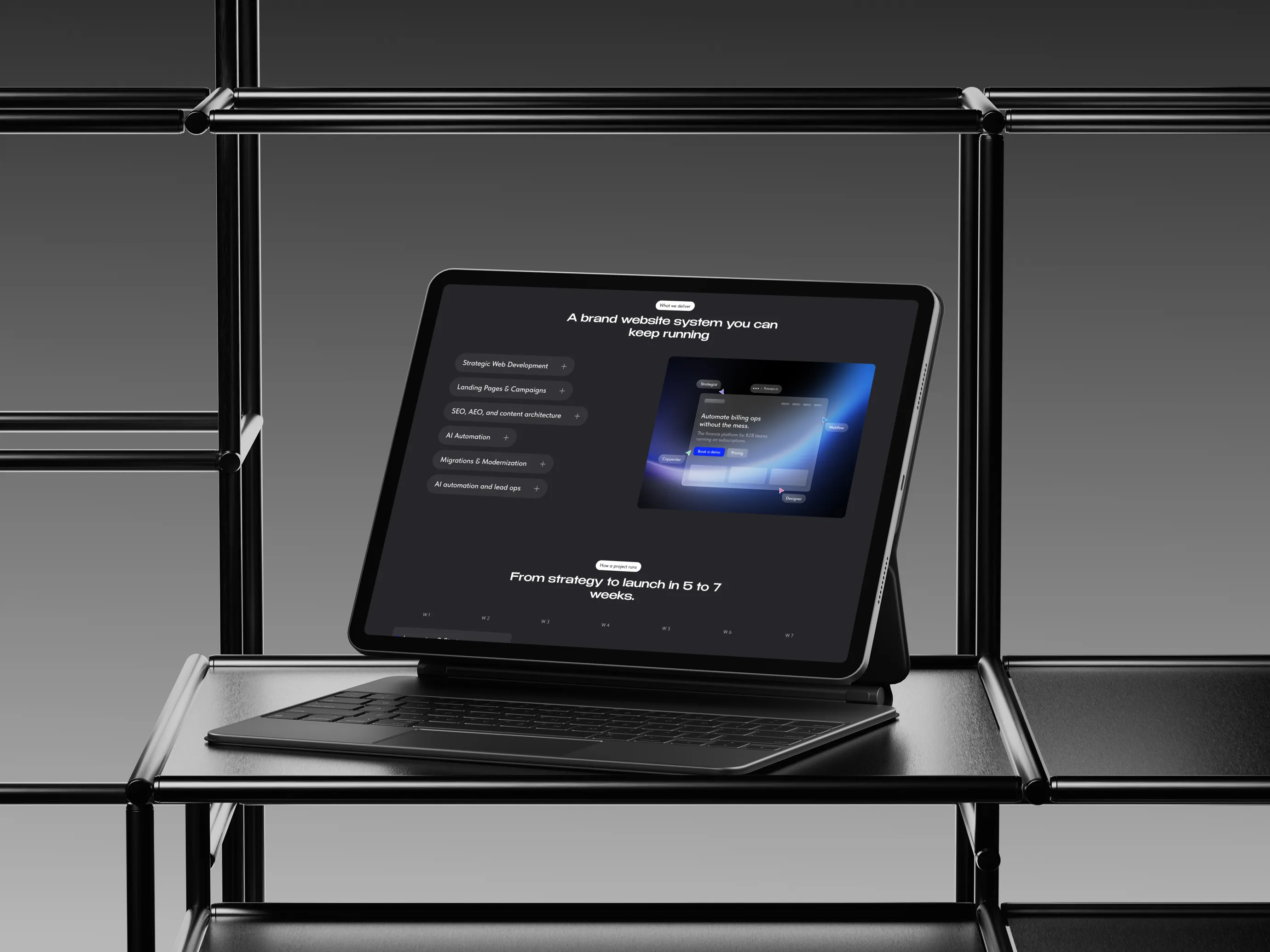 Tablet displaying a website about brand strategy and AI chatbots, with metallic structures on gray background.