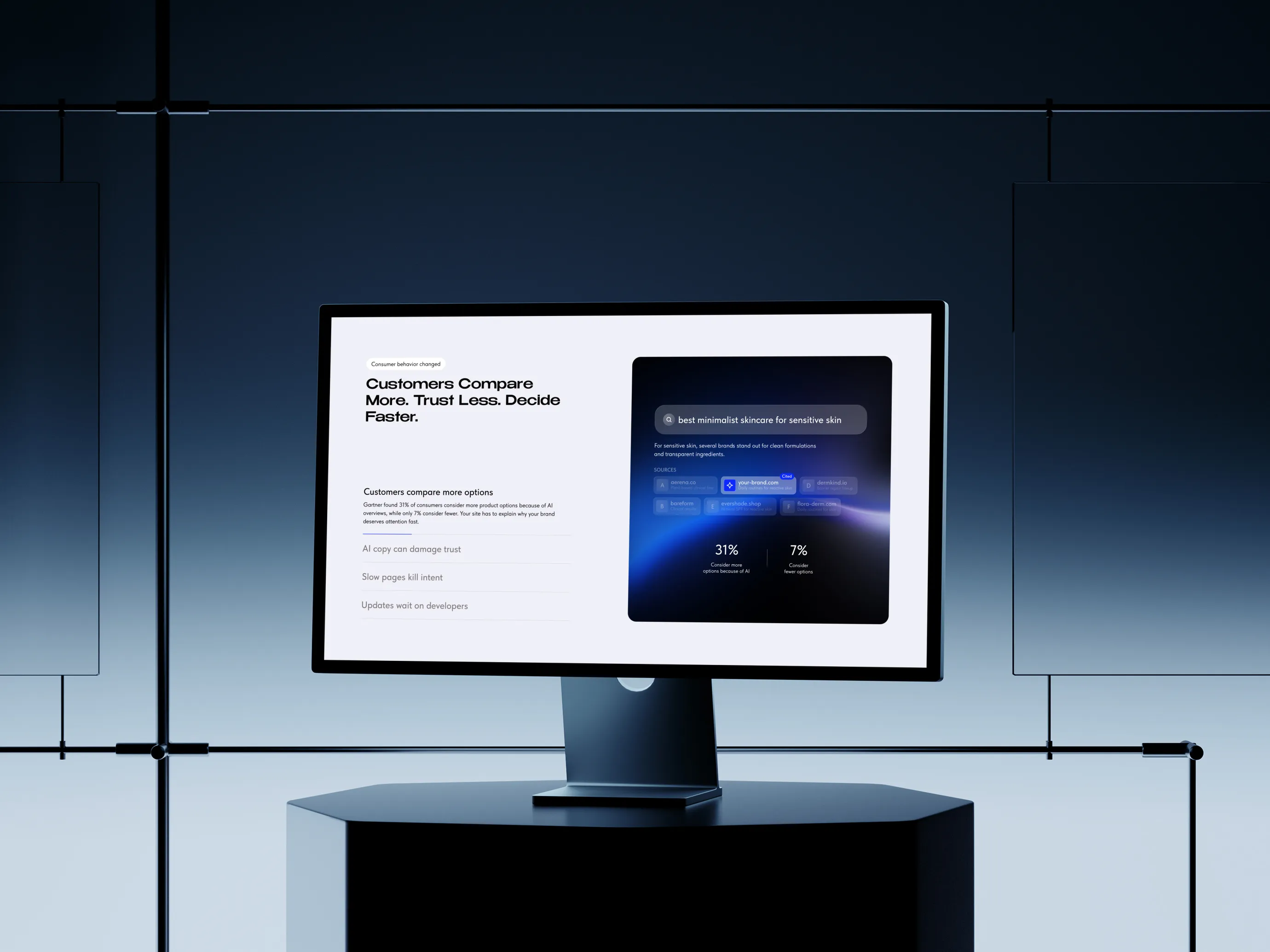 Computer monitor showing a blue website homepage on a dark pedestal with geometric background.