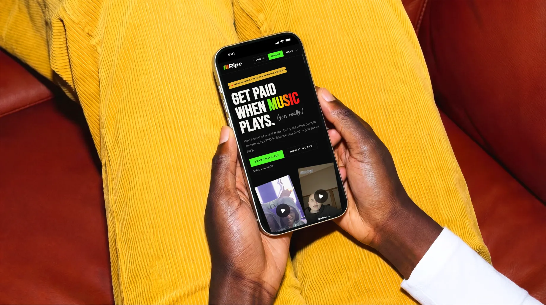 Hands holding phone displaying Ripe app with text to get paid when music plays and video previews.