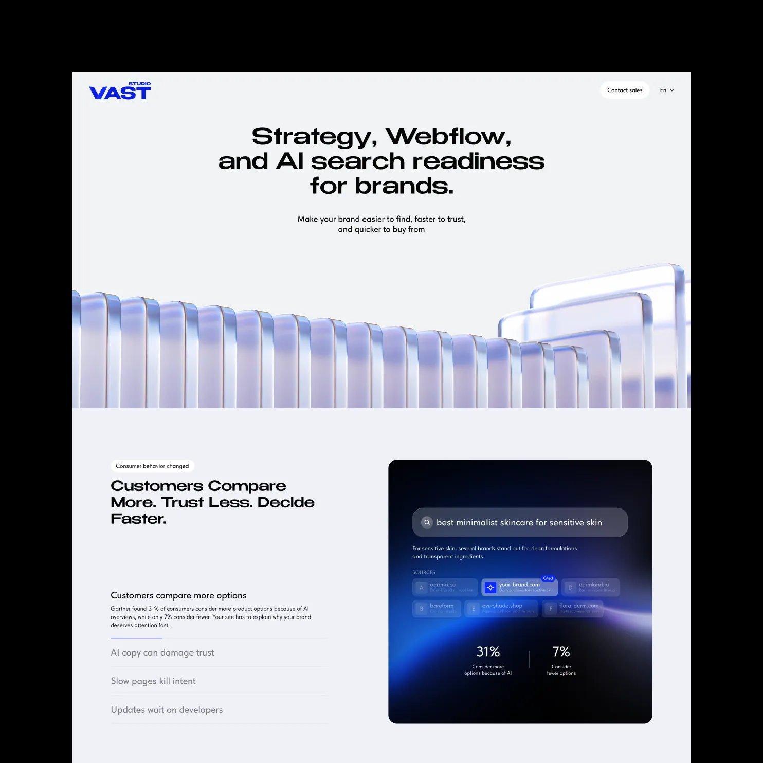 Website page about AI search readiness showing text, a search example, and AI impact statistics.