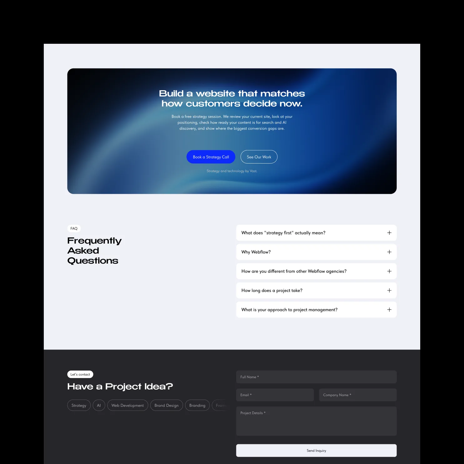 Website design showing strategy call prompt, FAQ with questions, and project inquiry form with inputs.