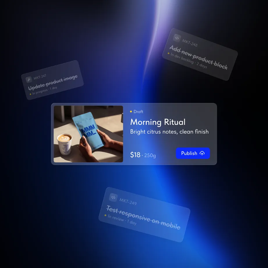 Product draft card showing Morning Ritual coffee with price $18 and publish button on blue abstract background.