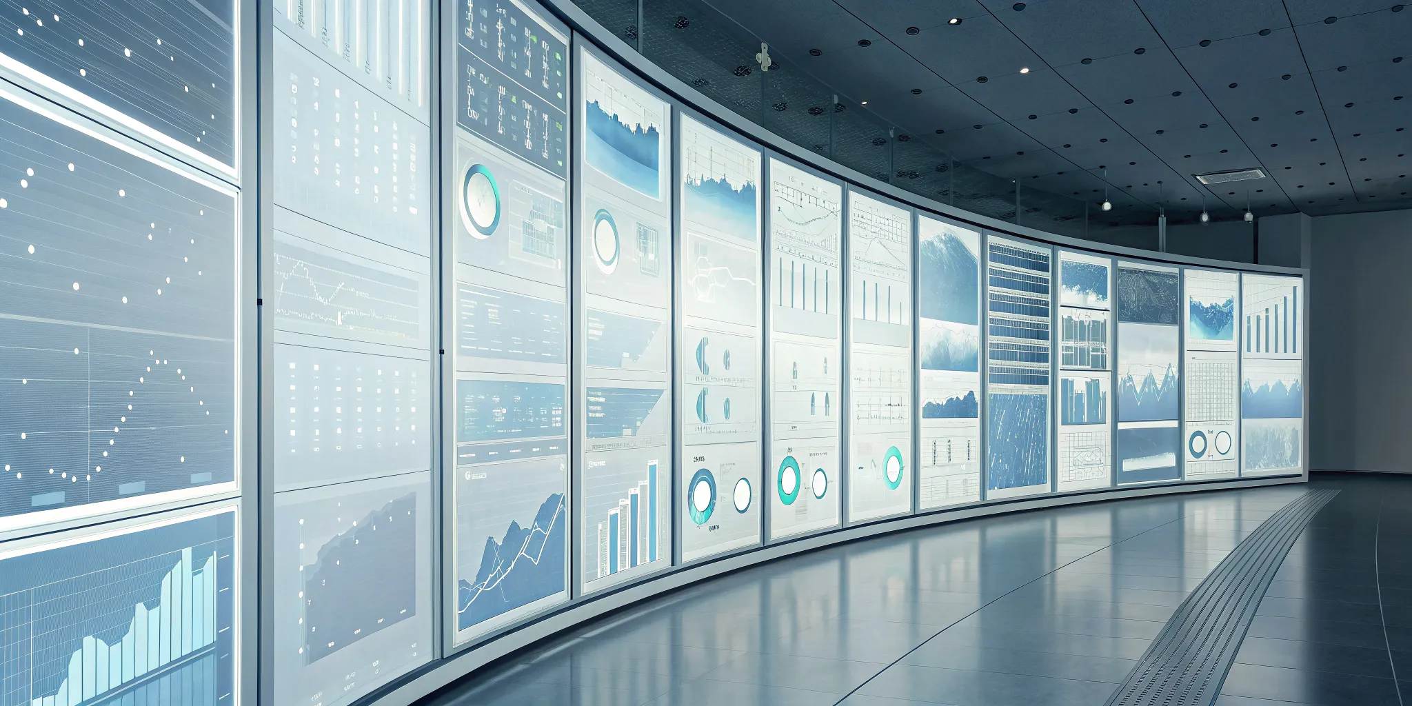 Information management software dashboard with data charts and graphs on multiple screens.