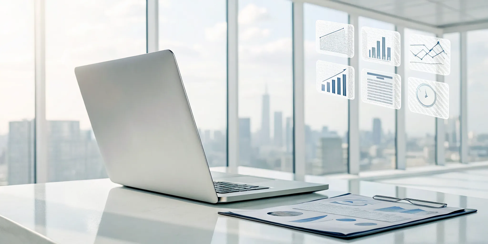 Laptop with analytics charts for intelligent document processing software.