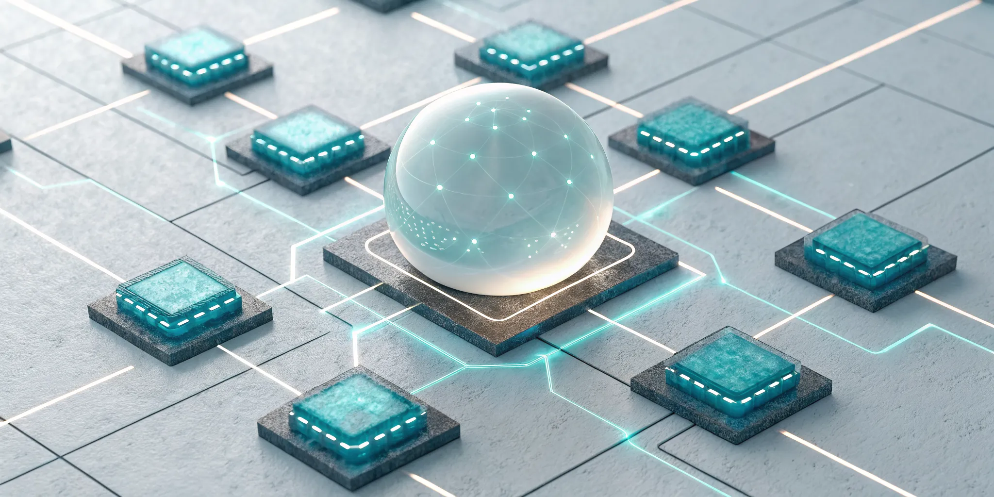 A central node orchestrating transactions between microservices using the saga pattern.