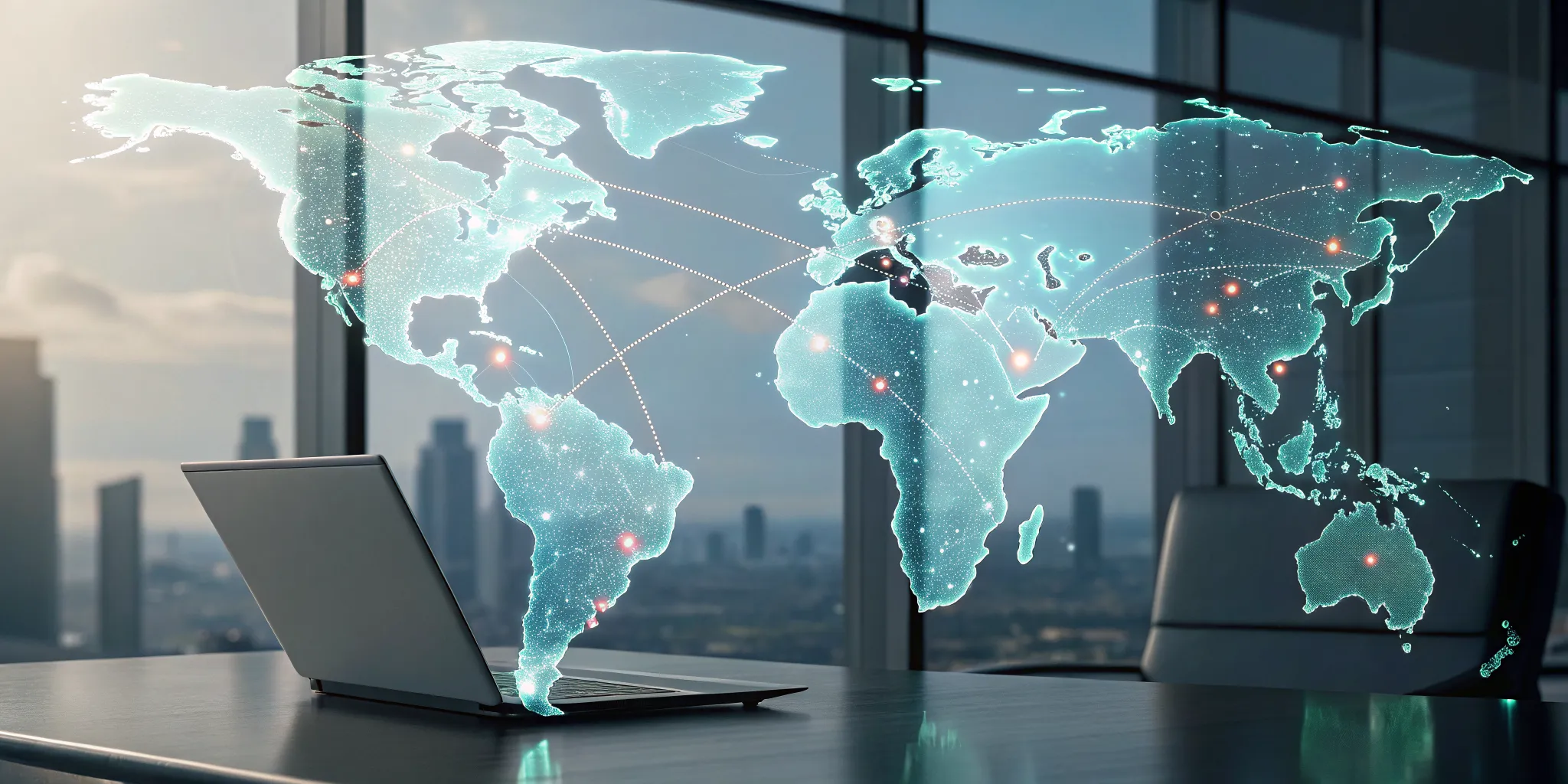 A laptop displays supply chain risk management software with a global network map.