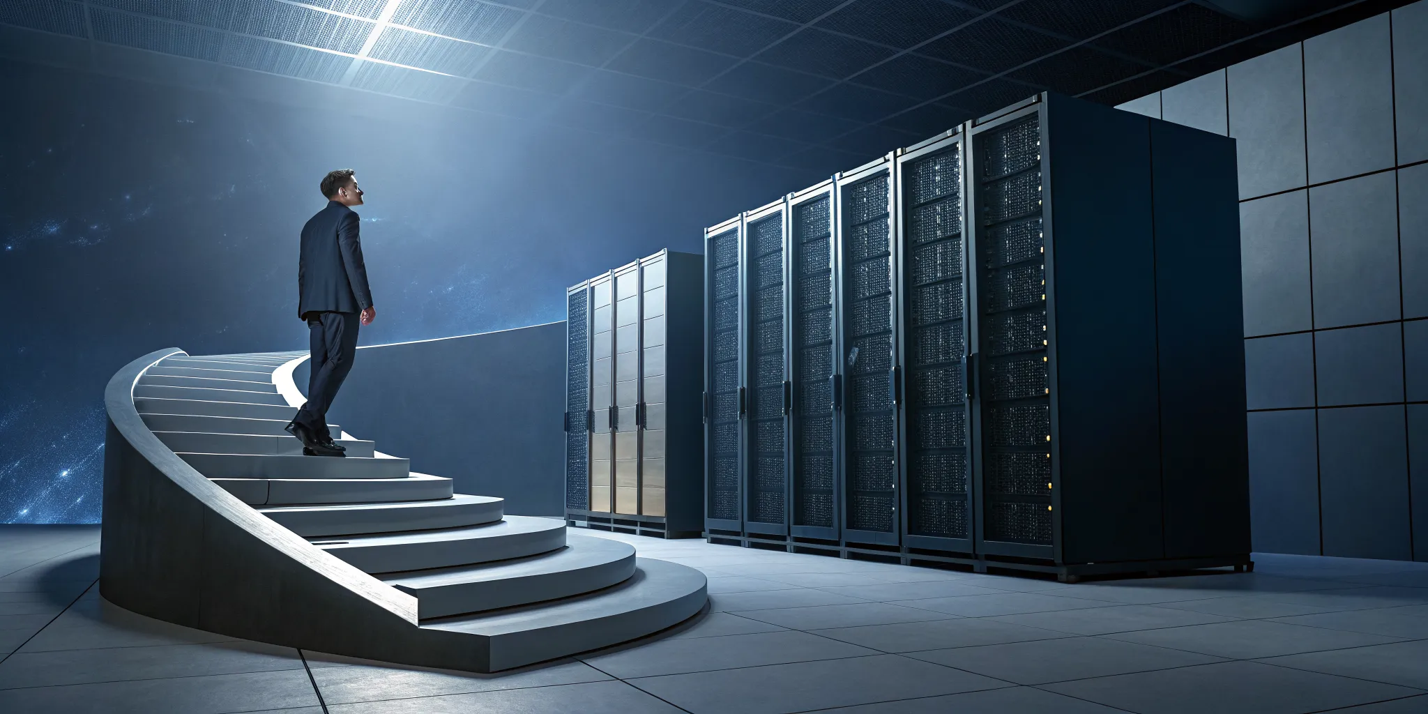 Man walking up stairs toward servers, following a step-by-step DevOps tutorial.